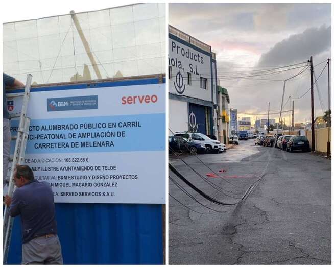 Cartel de las obras del alumbrado público del carril bici y caída de un cable en Bocabarranco/TA.